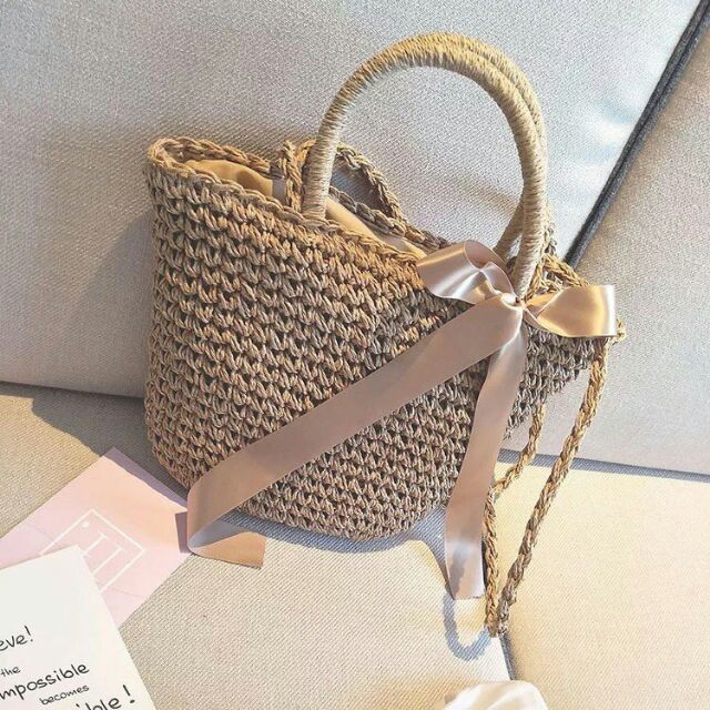 Túi cói buộc nơ vintage