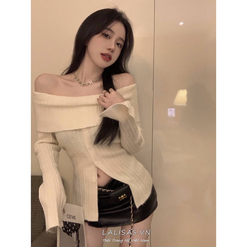 LALISAS Áo Len Tay Dài Hở Vai Màu Trơn Đơn Giản Thời Trang Hàn Quốc