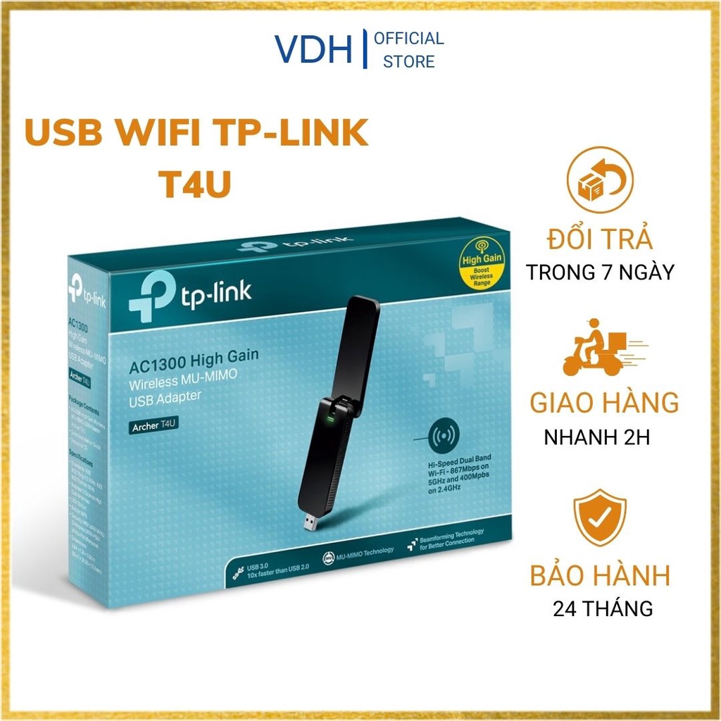 Usb wifi TP-Link chuẩn AC1300 Mbps USB adapter archer băng tần kép, usb thu wifi 5ghz tplink T4U cho pc laptop VDH STORE