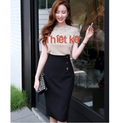 Chân váy bút chì lưng cao thiết kế phối nút phong cách LC19 chất liệu vải nhập có độ co giản tốt. | BigBuy360 - bigbuy360.vn
