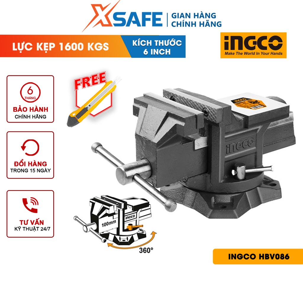 Ê tô kẹp INGCO HBV086 6 inch đế xoay kích thước đế 6&quot;, dùng kẹp, giữ chặt các chi tiết ống thép, thanh thép, phôi