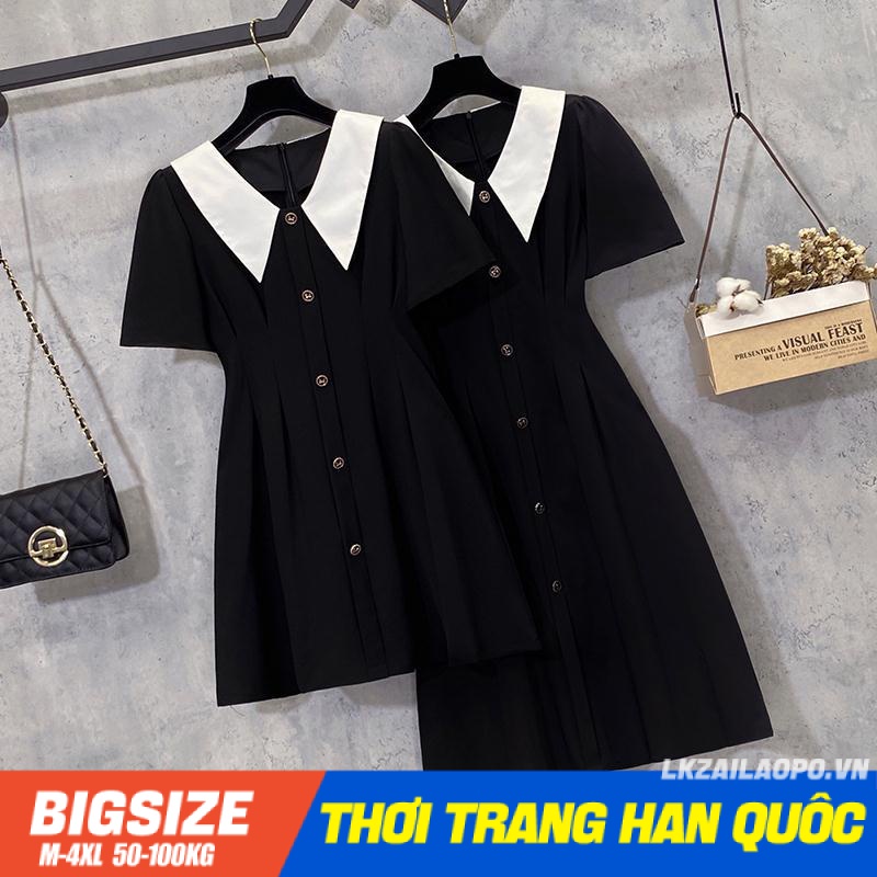 Váy đầm nữ Bigsize dáng ôm tay ngắn cổ bèo đen mùa hè Phong cách Hàn Quốc Thời Trang đẹp