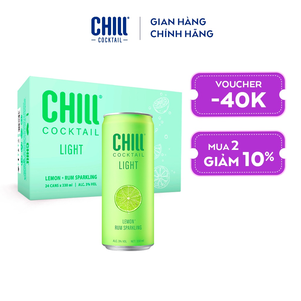 Thùng 24 lon Chill Cocktail Light vị Lemon Rum Sparkling 330ml/lon