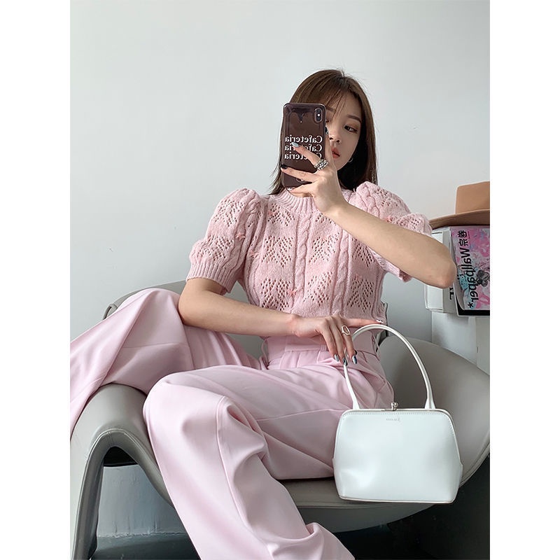 Áo Thun Tay Ngắn Phồng Cổ Tròn Thắt Nơ Phong Cách Hàn Quốc Thời Trang Mùa Hè Cho Nữ