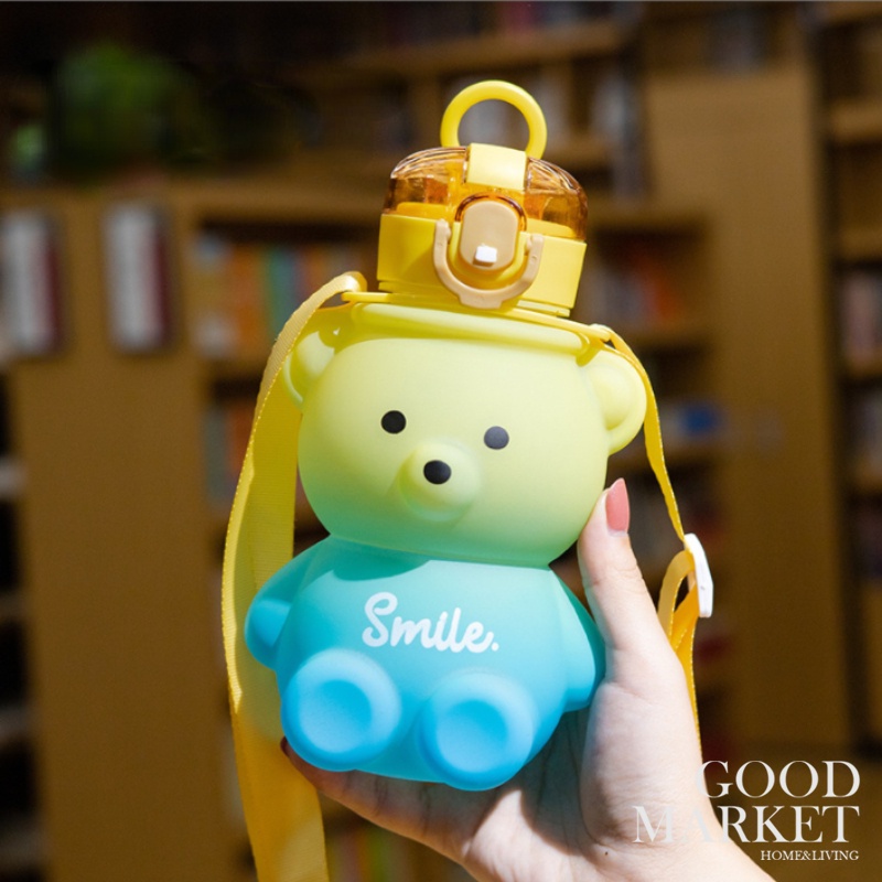 Bình Nước Thể Thao 800ml Bằng Nhựa Màu Hồng In Họa Tiết Dễ Thương Có Ống Hút Và Dây Đeo Cho Bé Gái