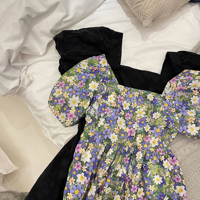 Đầm công chúa dáng rộng họa tiết hoa nhiều màu sắc thời trang mùa hè Hàn Quốc cho nữ