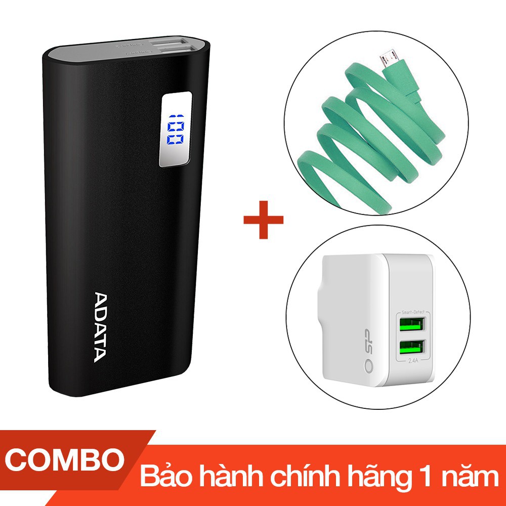 Combo Pin sạc dự phòng 12500mAh P12500D ADATA + Cáp sạc micro USB Romoss dài 1m + Cốc sạc 2 cổng USB 2.4A - Chính hãng