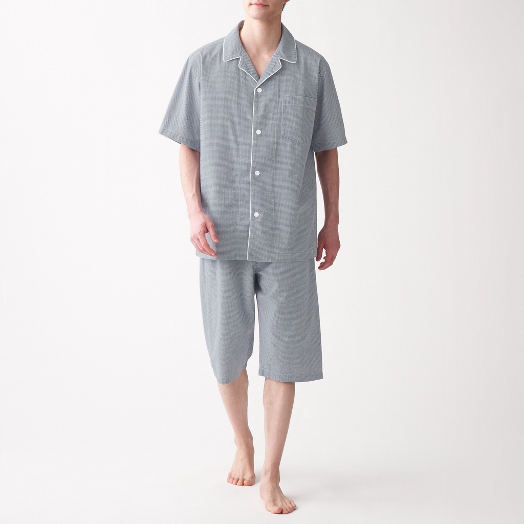 Muji Bộ Pyjama Nam Vải Seersucker Không Đường May Sườn