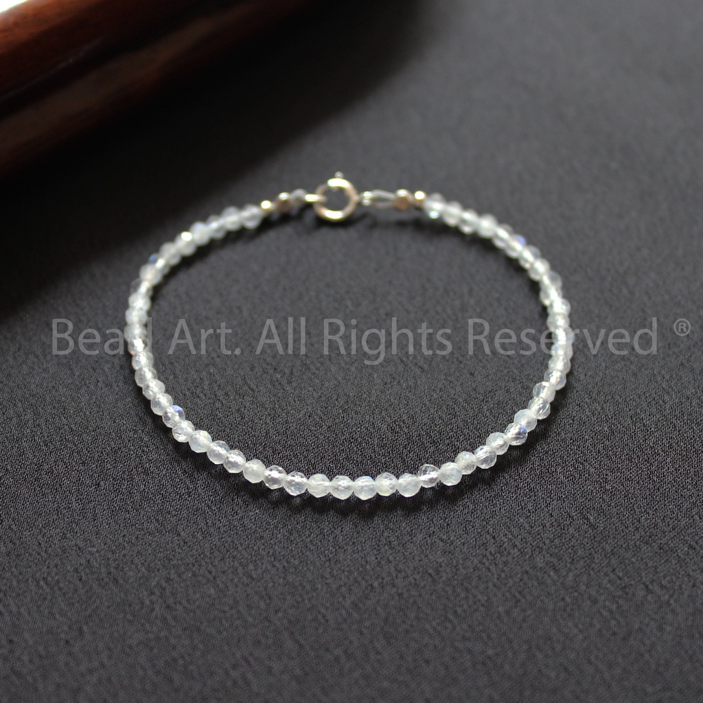 Vòng Tay 2.5MM Đá Ánh Trăng  Ánh Cầu Vồng Bạc 925, Vòng Tay Phong Thuỷ, Lắc Tay, Kim, Thuỷ S50 - Bead Art