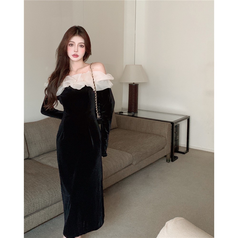 Váy dự tiệc vải nhung trễ vai phong cách sang chảnh tiểu thư hàng Quảng Châu đầu xu hướng thu đông 2021