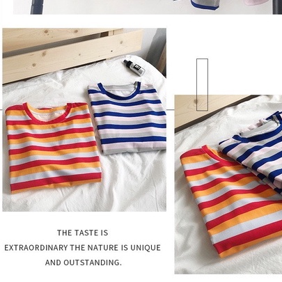 Áo thun Cotton unisex tay lỡ form rộng Áo phông nam nữ kẻ ngang dày mát basic tee ulzzang