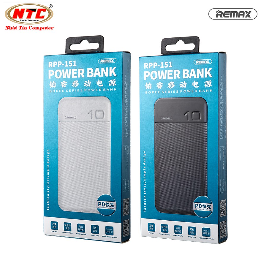 Pin sạc dự phòng lõi Li-polymer Remax RPP-151 10000mAh output 3A max, hỗ trợ sạc nhanh QC3.0 và PD18W TypeC