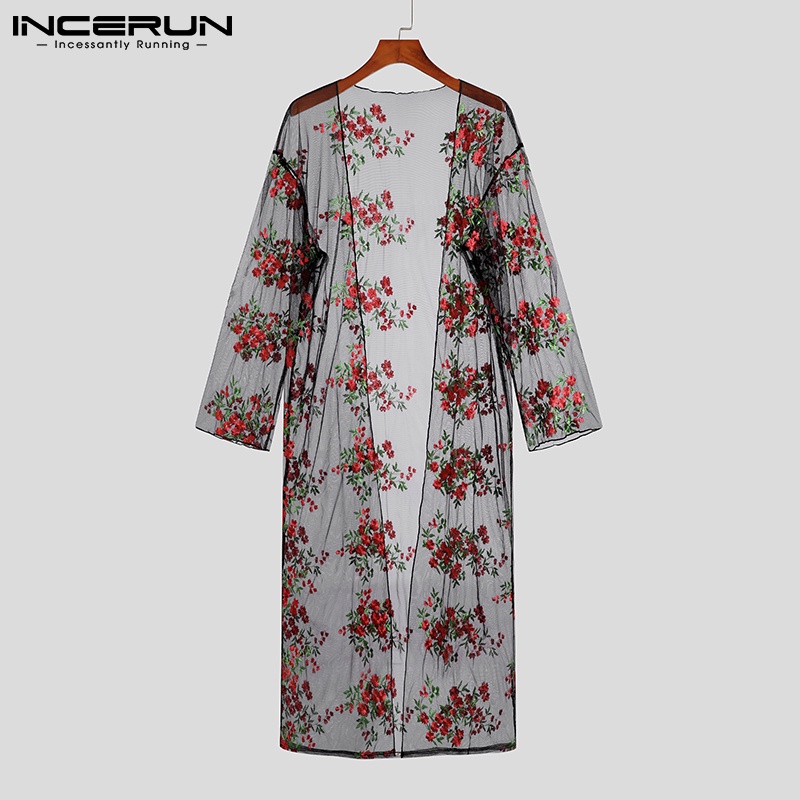 INCERUN Áo Khoác Cardigan Tay Dài Xuyên Thấu Thêu Hoa Thời Trang Cho Nam
