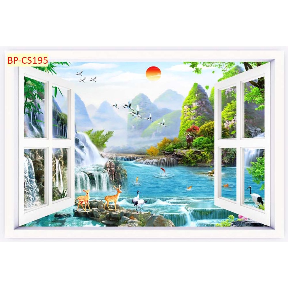Tranh dán tường 3D khung cửa sổ thiên nhiên trong lành