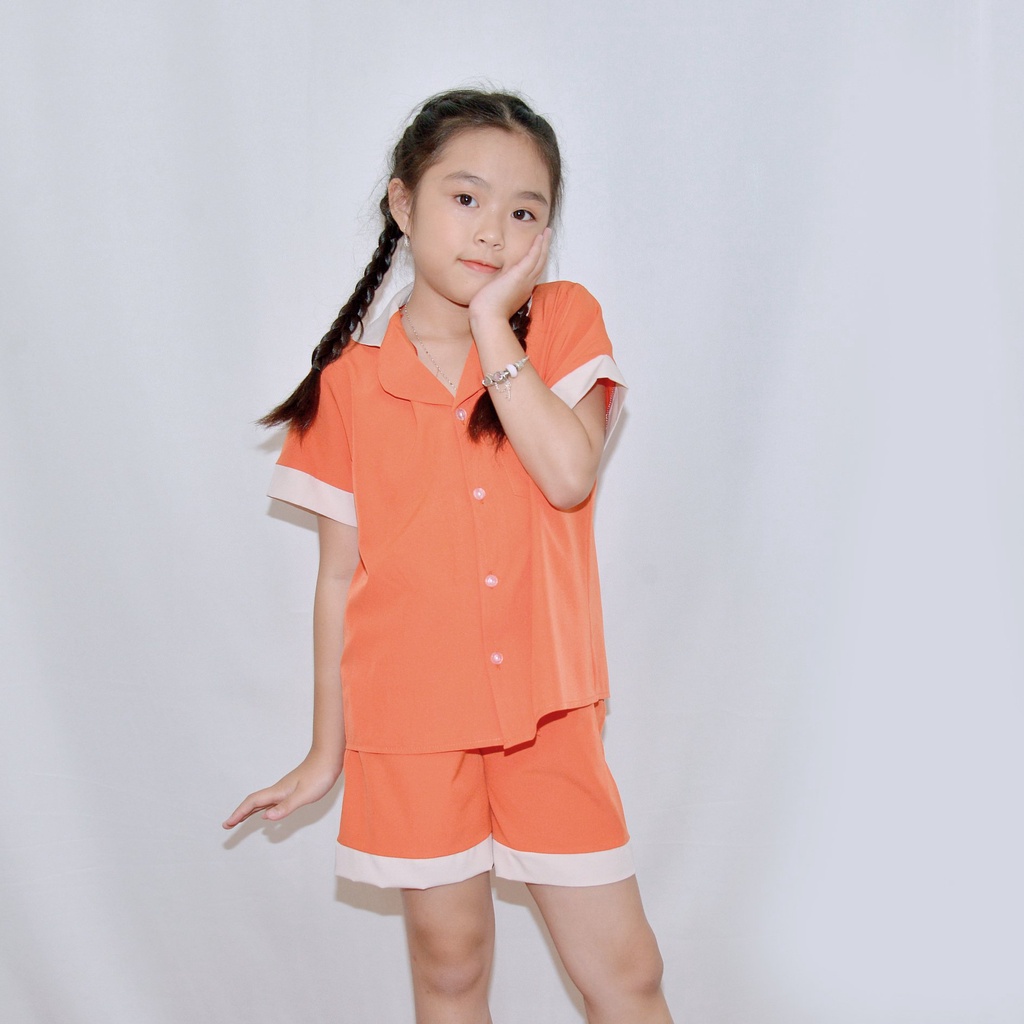 Bộ đồ ngủ pijama bé gáÍ MÀU CAM PHA CỔ - Vải lụa mềm mại, màu sắc tươi mới, mang lại cho bé cảm giác cực kỳ dễ chịu