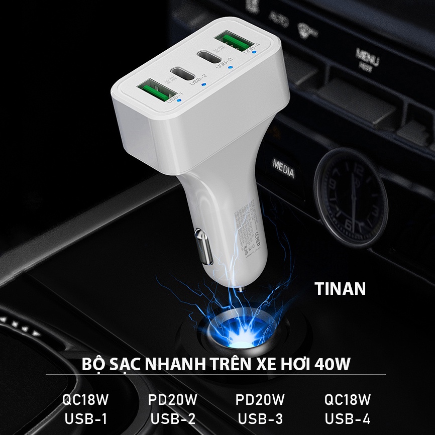 Bộ Sạc Trên Ô Tô 4 Cổng 40W, Đầu USB, TypeC, Sạc PD, QC 3.0, K26