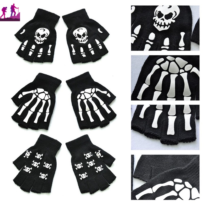 Găng Tay Chống Trượt Hở Ngón Họa Tiết Bộ Xương Phong Cách Gothic