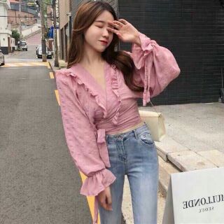 Croptop xô đắp chéo cổ bèo - Kèm ảnh thật