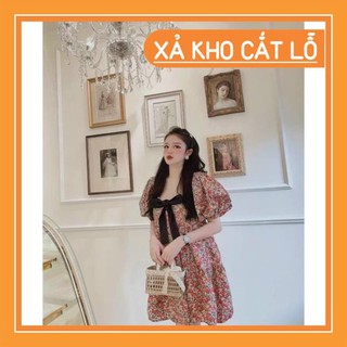 Đầm babydoll hoa nhí phối nơ cổ vuông dáng xòe 2 màu q036