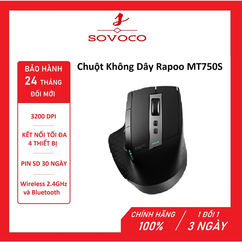 Chuộ không dây Rapoo MT750S USB Không dây, Bluetooth 3.0 & 4.0/3200dpi/Nút chuyển đổi 4 thiết bị/Màu đen
