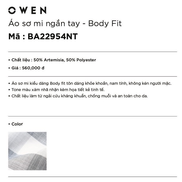 Áo Sơ Mi Nam Tay Ngắn Owen BA22954NT Kiểu Dáng Body Fit Tà Bằng Chất Liệu Sợi ngải cứu Màu Kẻ Caro đen Trắng