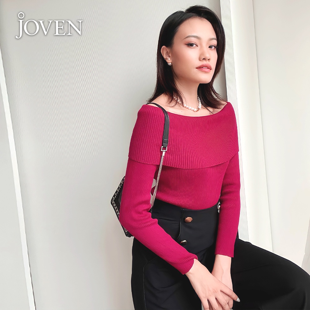JOVEN - Áo dệt kim tay dài cổ trẹt vai Kem/ Đỏ/ Đen