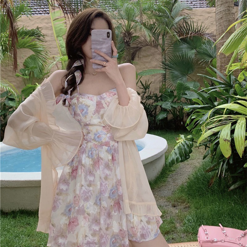 Đầm chiffon hai dây họa tiết hoa/Áo khoác chiffon ZHELIHANGFEI thời trang quyến rũ cho nữ