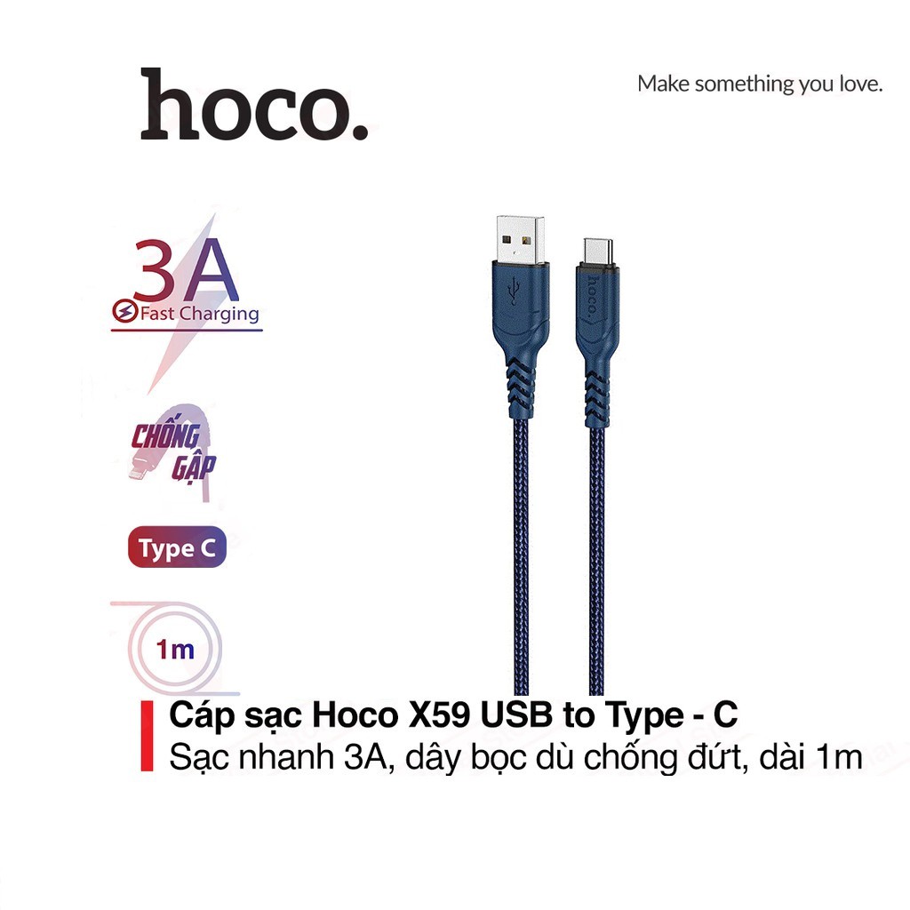 Cáp sạc nhanh 3A Hoco X59 chân Type-C dây Nylon siêu bền hỗ trợ truyền dữ liệu dài 1M cho Android