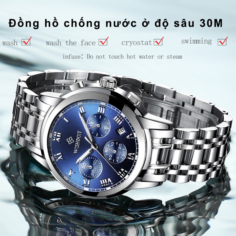 WISHDOIT Đồng Hồ Quartz Ba Mắt Đa Năng Dây Thép Không Gỉ Thời Trang Thể Thao Cho Nam Men Watch