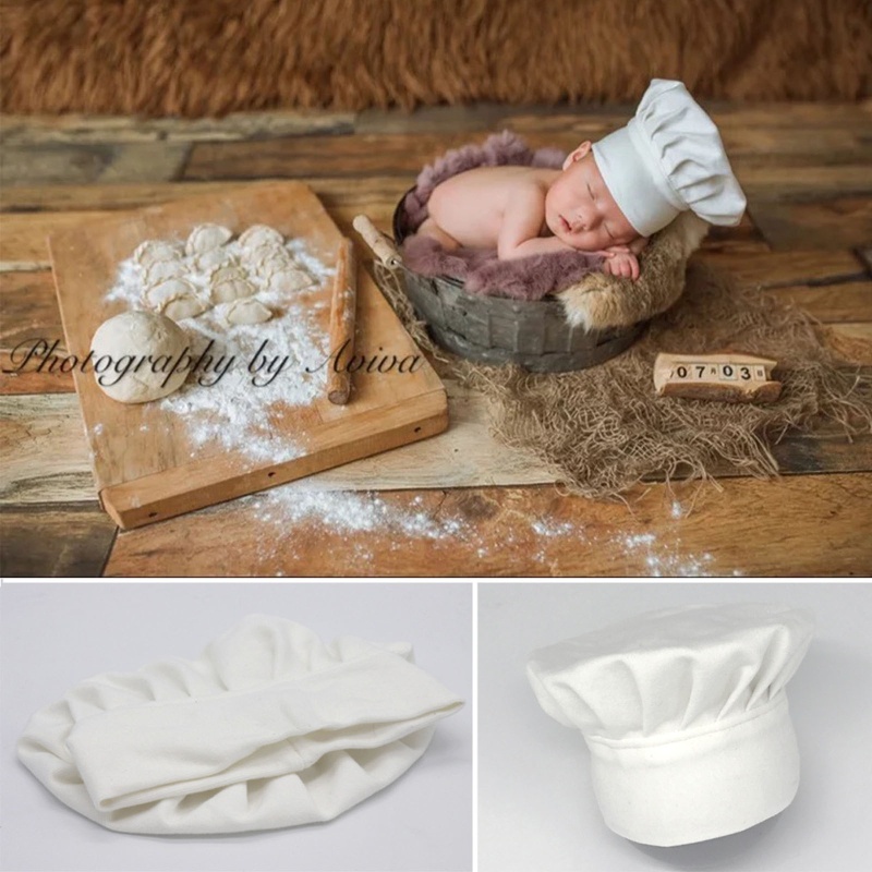 Mũ Đầu Bếp Cotton Mềm Mại Màu Trắng Làm Phụ Kiện Chụp Ảnh Cho Bé Sơ Sinh
