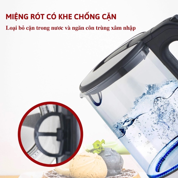 Ấm siêu tốc thủy tinh masuto MS-Citizen18, bình đun siêu tốc, sôi nhanh sau 2 phút, tự ngắt khi quá nhiệt - Bh 12 Tháng