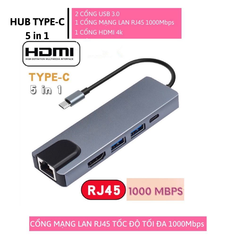 HUB USB C TO LAN RJ45 100 Mbps 5 IN1 - Cáp chuyển đổi Thunderbolt 3 to lan - USB C 3.0 to HDMI,USB 3