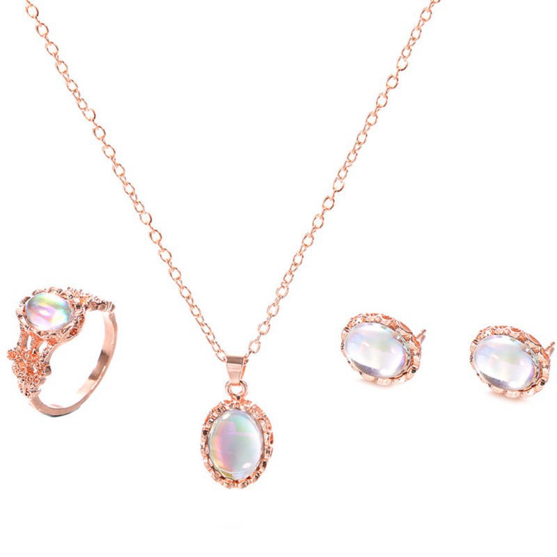 Set dây chuyền và nhẫn và khuyên tai đính đá opal tự nhiên