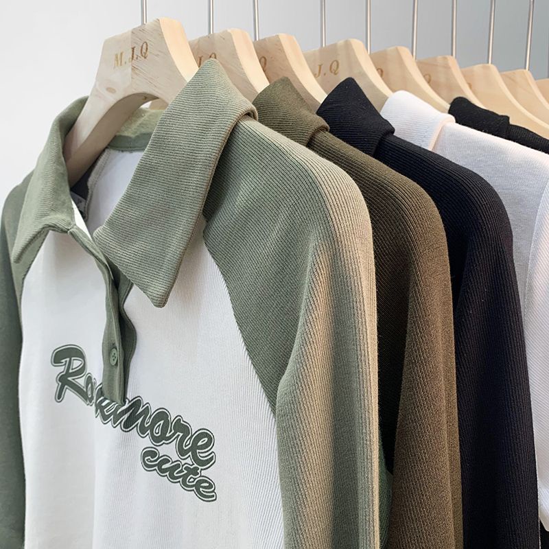 Áo Thun Nữ Tay Dài Cổ polo Màu Trơn Phong Cách Retro
