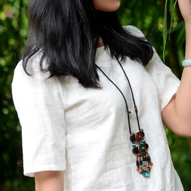 Vintage Women Boho Ethnic Bohemian Necklace Stone Beads Slice Pendants Long Rope Chain Jewelry Gifts