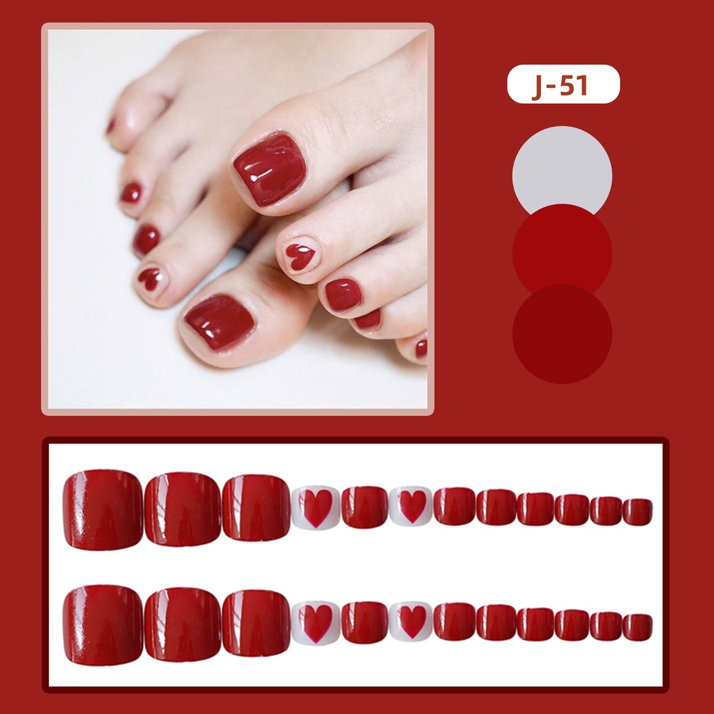 Set 24 móng chân giả sơn trơn đỏ họa tiết trái tim đẹp Jojo J51  móng giả thời trang kèm keo tự làm tại nhà