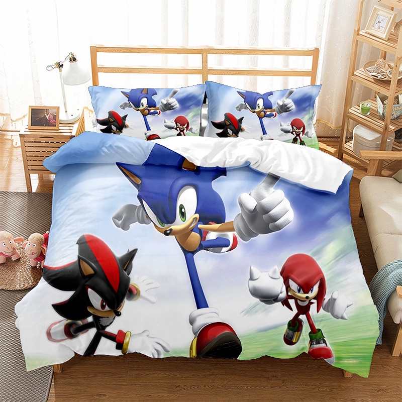Bộ Chăn Ga Và Vỏ Gối Họa Tiết Hoạt Hình sonic 3D