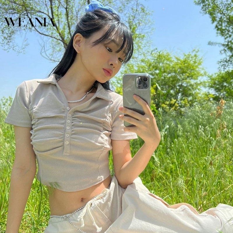 Áo Sơ Mi Croptop Tay Ngắn Cổ Bẻ Thiết Kế Xếp Ly Nữ Tính