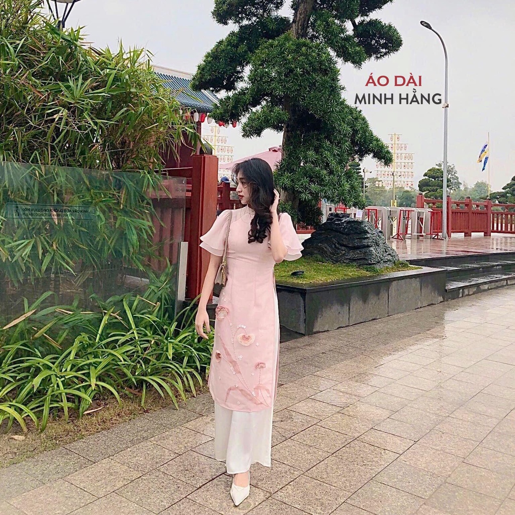 Áo Dài Cách Tân Nữ 4 Tà Tay Bèo Cánh Tiên Đính Hoa, Vải Lụa Tơ Óng Đẹp Nhẹ Nhàng_Áo Dài Minh Hằng