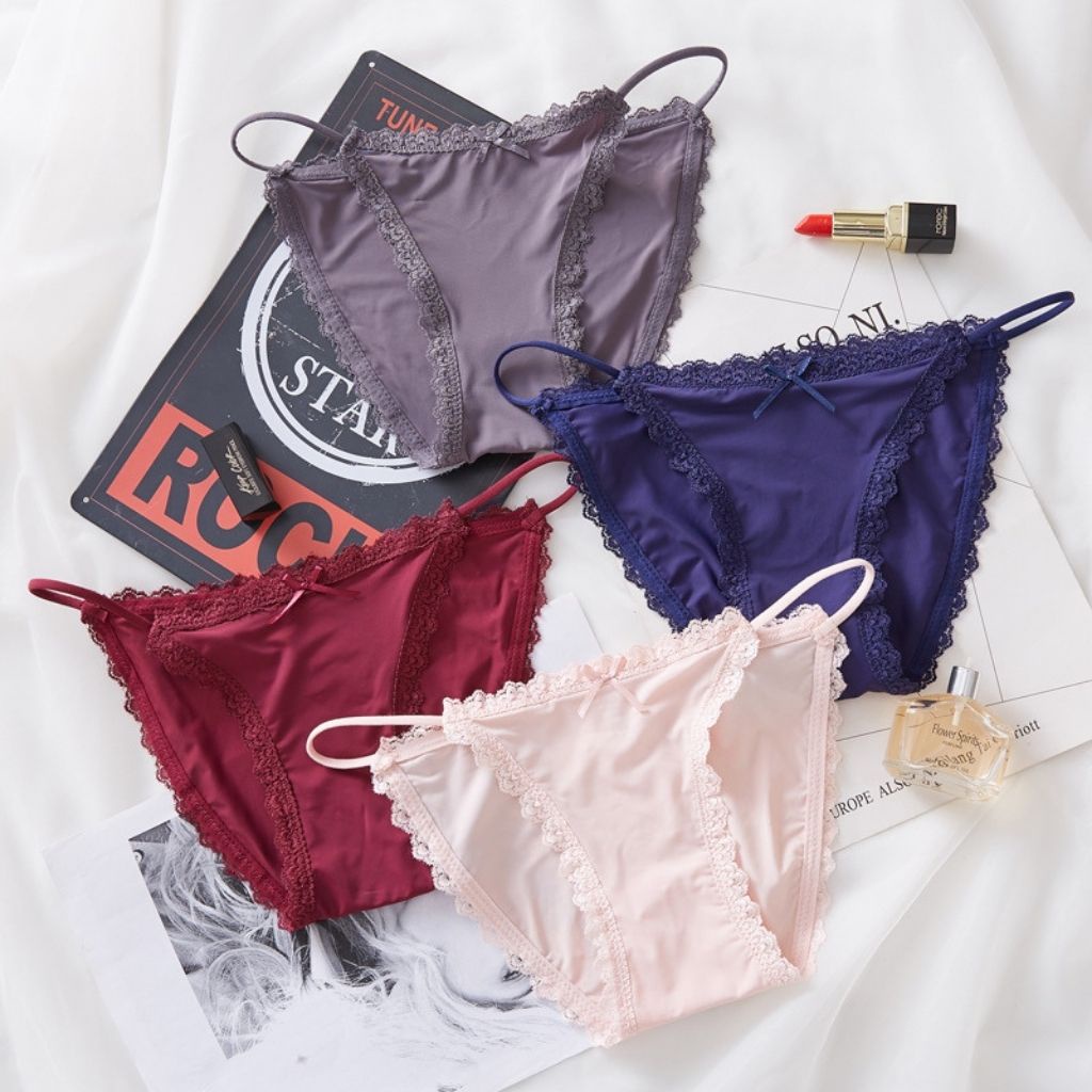 Quần lót nữ đúc su thun lạnh 2 mảnh sexy gợi cảm, Quần chíp nữ ren viền đính nơ quyến rũ LANIXA L829