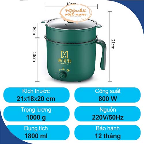 Ca Nấu Mì Chống Dính, Nồi Lẩu Mini Cầm Tay, Nấu Cơm Đa Năng Có Tay Cầm 1,8L Kèm Giá Hấp Tiện Lợi