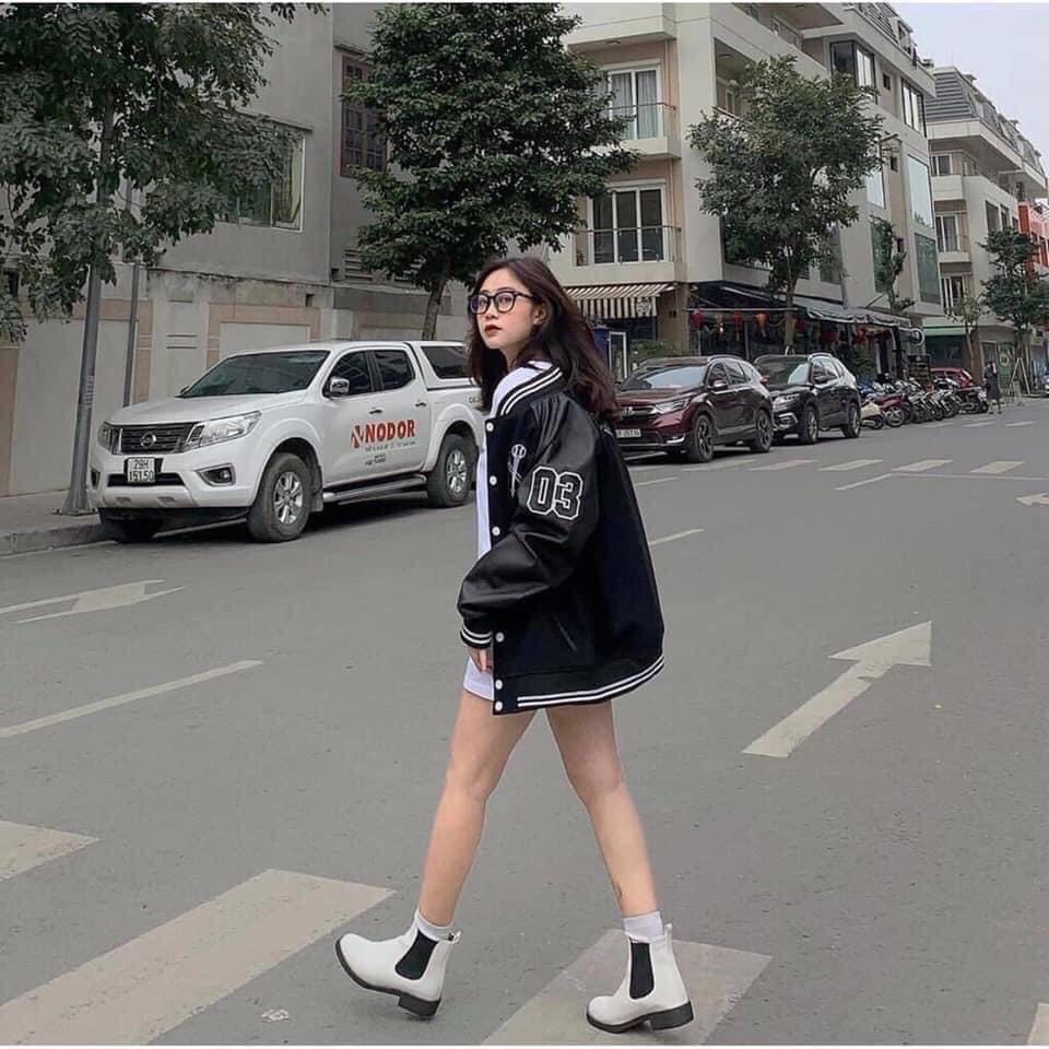 Áo bomber , áo khoác bóng chày thân nỉ tay da thêu logo 03 phong cách HÀN QUỐC cho nam nữ - Hàng mới về