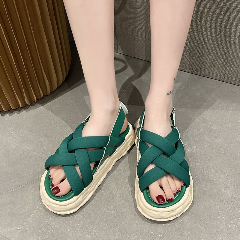 Bán Chạy Mùa Hè ~ Giày Sandal Đế Xuồng Dày Quai Dán Phẳng Phong Cách Niche Mùa Hè Cho Nữ