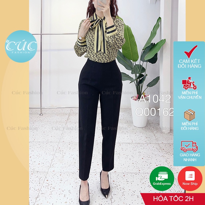 Áo sơ mi nữ Cúc Fashion sơmi kiểu dài tay vải lụa cao cấp thời trang công sở đi học kẻ xanh cam buộc nơ chữ FF đẹp A1042