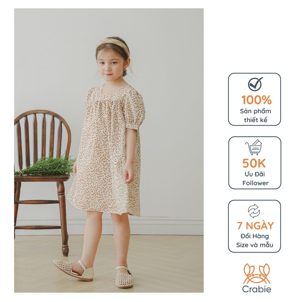 Váy bé gái CRABIE suông cộc tay cổ vuông buộc nơ lưng mùa hè - Emily dress - Hoa nhí đỏ nền be