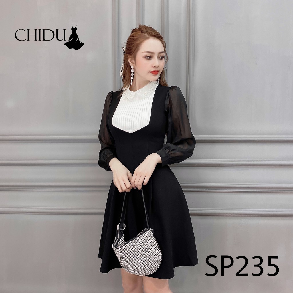 CHIDU đầm xếp ly cổ ren tròn, đầm xếp ly nữ chất liệu tuyết mưa - SP235