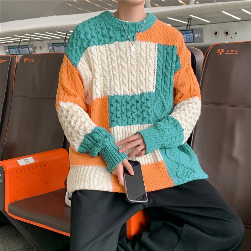 Áo Sweater Cổ Tròn Dáng Rộng Phối Màu Tương Phản Kiểu Nhật Hàn Thời Trang Thu Đông Cho Nam
