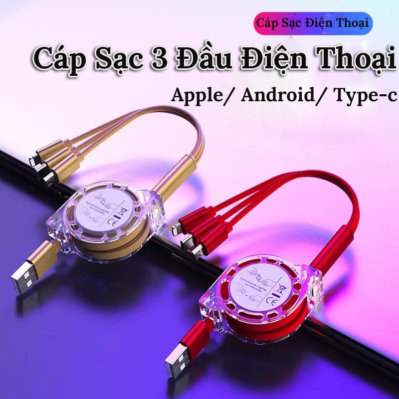 Dây Cáp Sạc Điện Thoại -  Cáp Sạc Nhanh 3 Đầu Gồm ( Dây Sạc Iphone,Dây Sạc Samsung,Dây Sạc Type c ) Rút Gọn Tiện Lợi