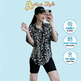 Áo sơ mi form rộng tay ngắn hoạ tiết da báo xám, Chất vải kate lụa mềm, freesize dưới 58kg