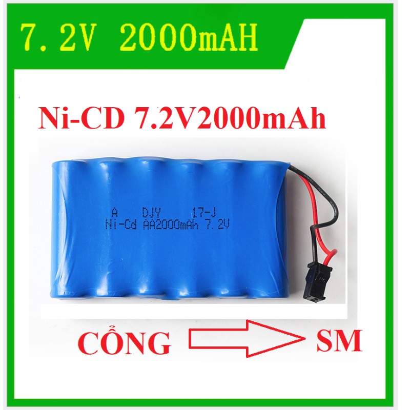 Pin xe điều khiển 7.2V Ni-cd AA 2000mAh kèm cáp sạc cổng SM dùng cho đồ chơi điều khiển xe xúc xe công trình